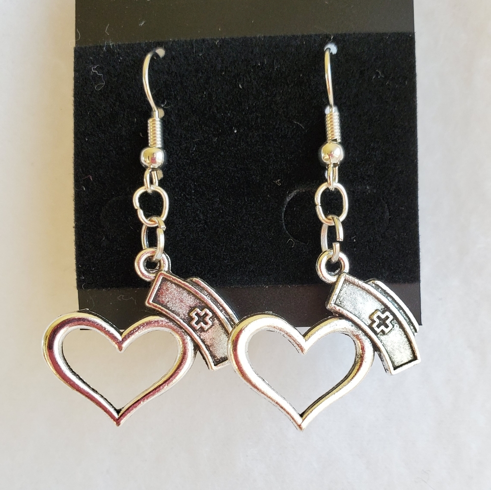 Women's nurse cap and heart hook earrings